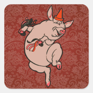 Dancing Pig Antique Cute Dancer Square Sticker