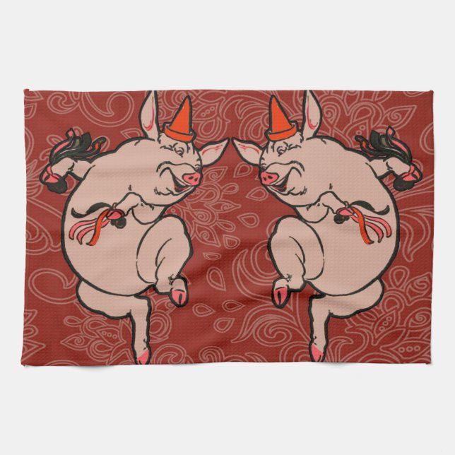 Dancing Pig Antique Cute Dancer Tea Towel (Horizontal)