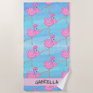 Dancing Pink Flamingo Personalised Beach Towel