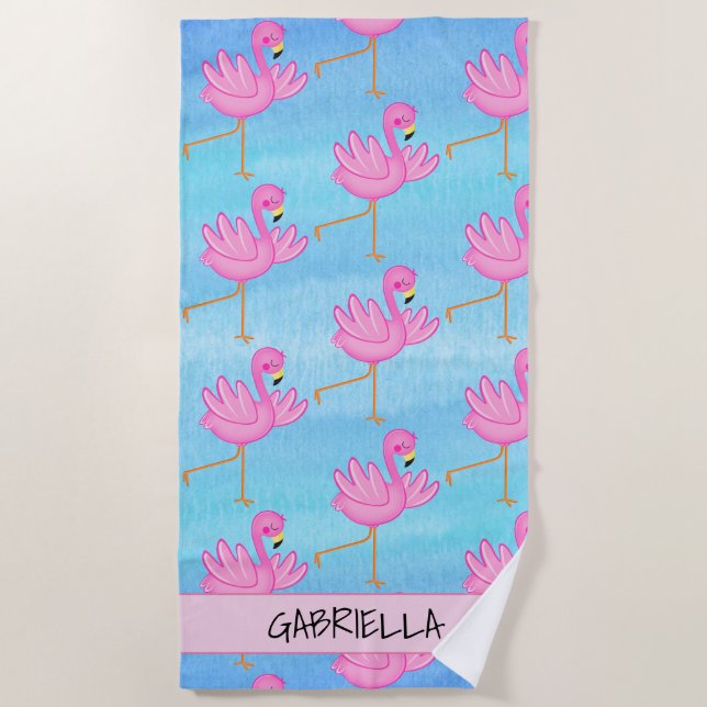 Dancing Pink Flamingo Personalised Beach Towel (Front)