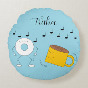 Dancing Powdered Donut & Coffee Mug:  Round Cushion