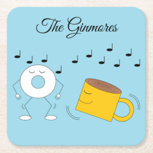 Dancing Powdered Donut & Coffee Mug: Square Paper Coaster