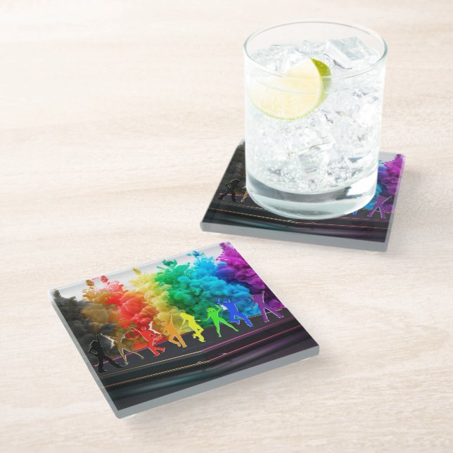 Dancing Pride Shadows people, SlipperyJoe, LGBTQIA Glass Coaster (Angled)