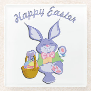 Dancing Purple Easter Bunny Glass Coaster