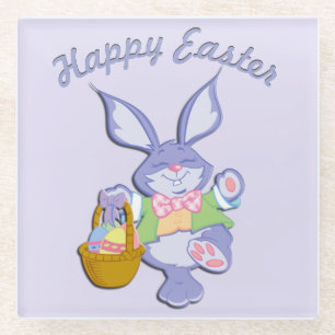 Dancing Purple Easter Bunny Lavender Glass Coaster