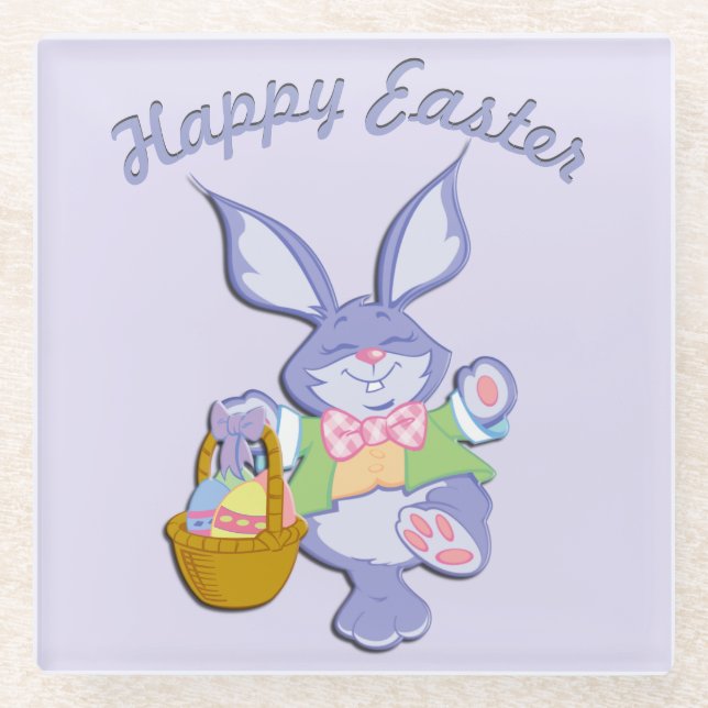 Dancing Purple Easter Bunny Lavender Glass Coaster (Front)