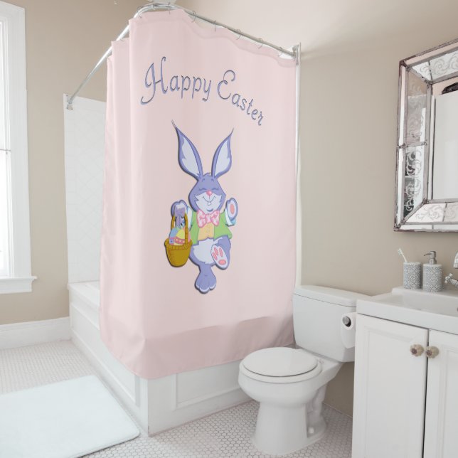 Dancing Purple Easter Bunny Pink Shower Curtain (In Situ)