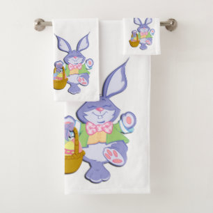 Dancing Purple Easter Bunny White Bath Towel Set