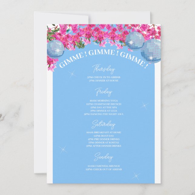 Dancing Queen Bachelorette Weekend Itinerary Invitation (Front)