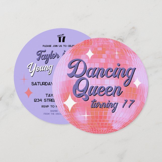 Dancing Queen Turning 17 Disco Ball Invitation (Front/Back)