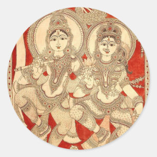 DANCING RADHA KRISHNA KALAMKARI ART OF INDIA CLASSIC ROUND STICKER