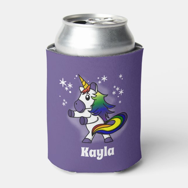 Dancing Rainbow Unicorn with Starry Purple Sky Can Cooler (Can Front)