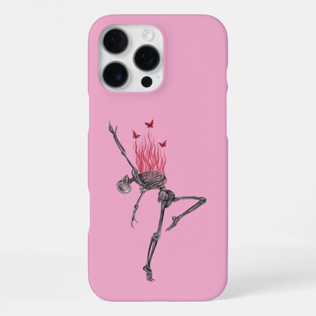 Dancing Red Fire Flames Skeleton Illustration Pink iPhone Case (Back)