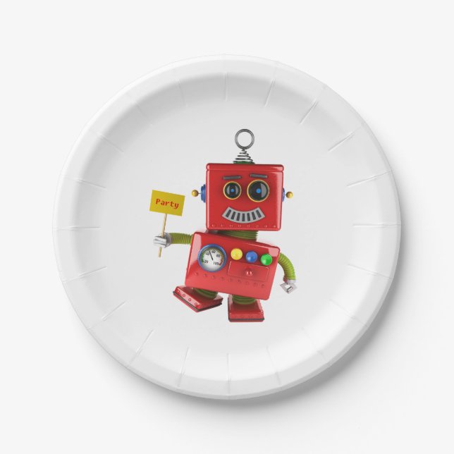 Dancing red toy robot with party sign paper plate (Front)