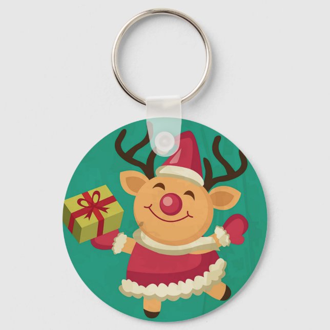 Dancing Reindeer Button Keychain (Front)