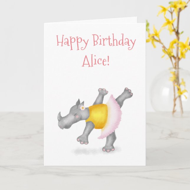 Dancing rhino personalised birthday card (Yellow Flower)