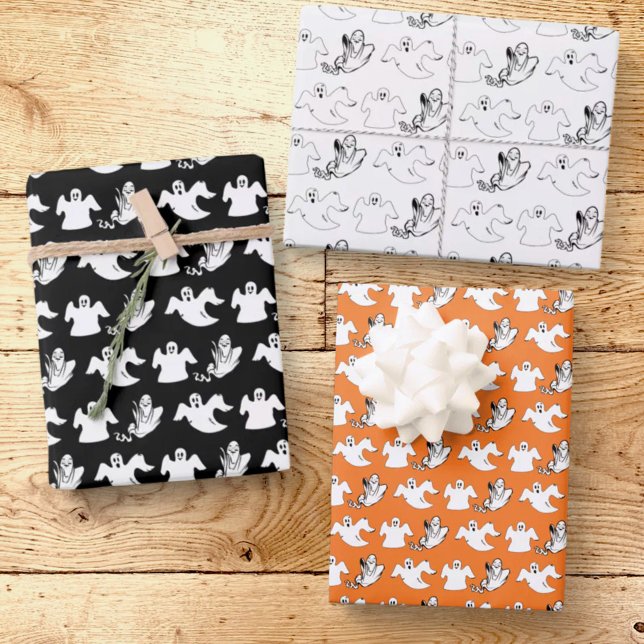 Dancing Rows Of Flying Ghosts Halloween  Wrapping Paper Sheet (Dancing ghost Halloween three sheet gift wrap )