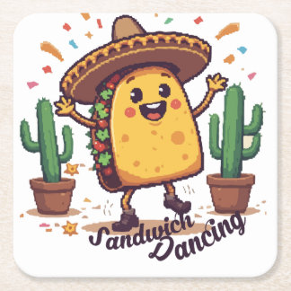 Dancing Sandwich Fiesta Square Paper Coaster
