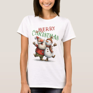 Dancing Santa Claus and Snowman Merry Christmas T-Shirt