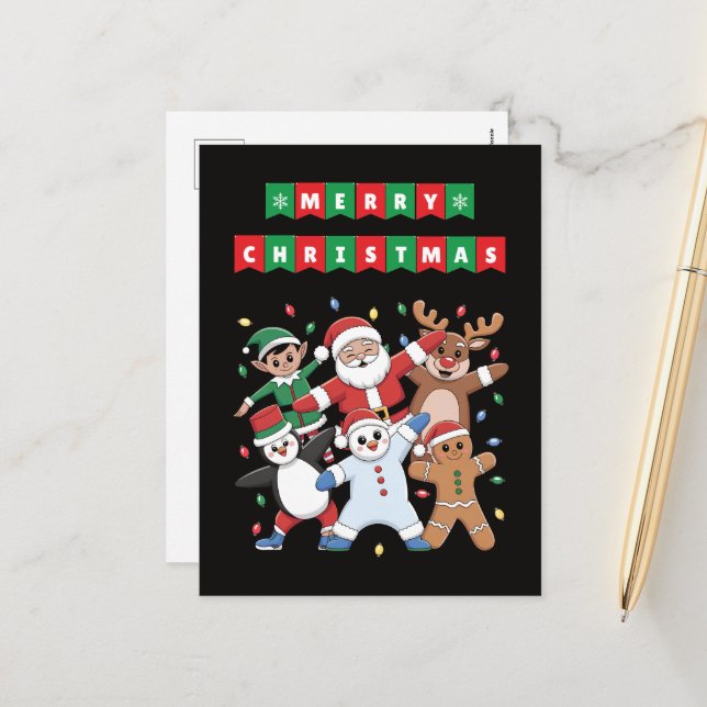 Dancing Santa Elf and friends Holiday Postcard (Front/Back In Situ)