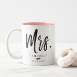 Dancing Script Lettering | Mr. and Mrs. Two-Tone Coffee Mug<br><div class="desc">Celebrate your wedding or your soon coming wedding day with this unique coffee mug that celebrates your name change.  It features the preposition "Mrs." followed by the new last name. 

A great gift to give the bride during her ceremony or during a Wedding after party.</div>