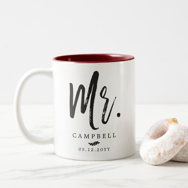Dancing Script Lettering Mr. and Mrs. Two-Tone Coffee Mug (With Donut)