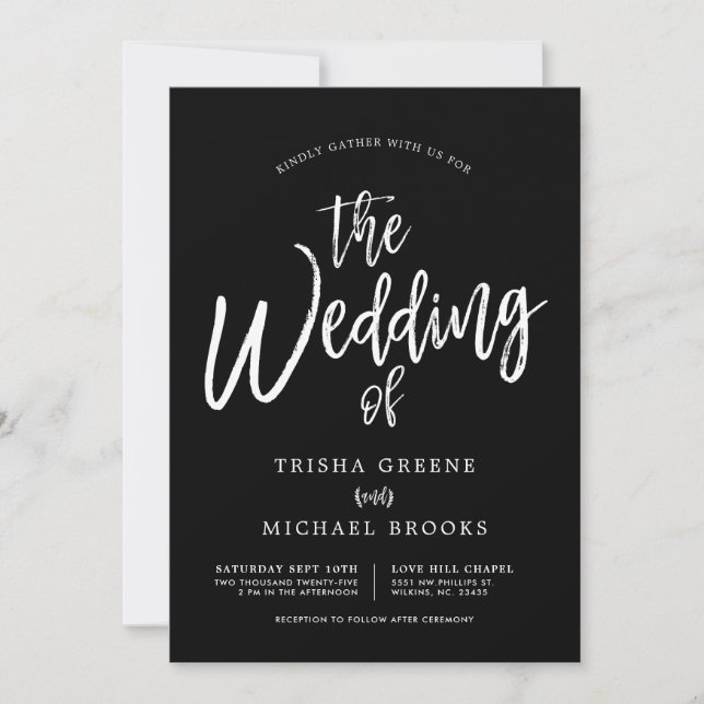 Dancing Script White on Black Wedding Invitation (Front)