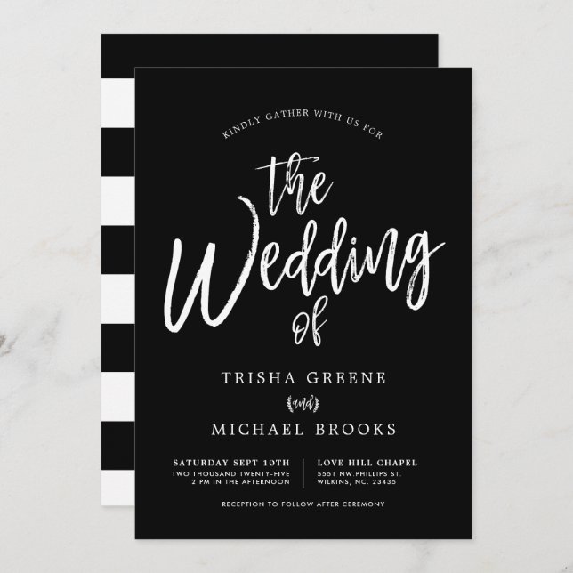 Dancing Script White on Black Wedding Invitation (Front/Back)