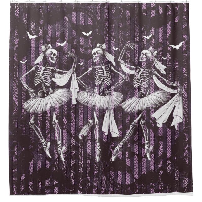 Dancing Skeleton Ballerina Halloween Purple Black Shower Curtain (Front)
