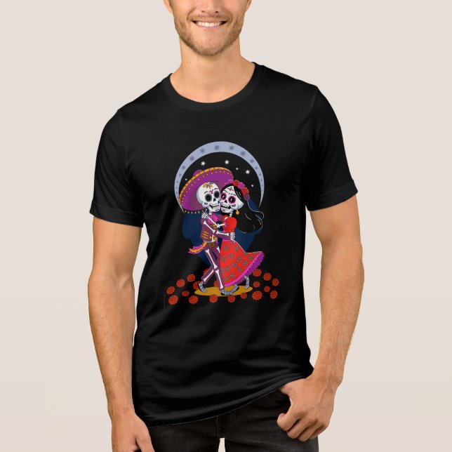 Dancing Skeleton Couple in Mexican Hats Tri-Blend Shirt (Front)