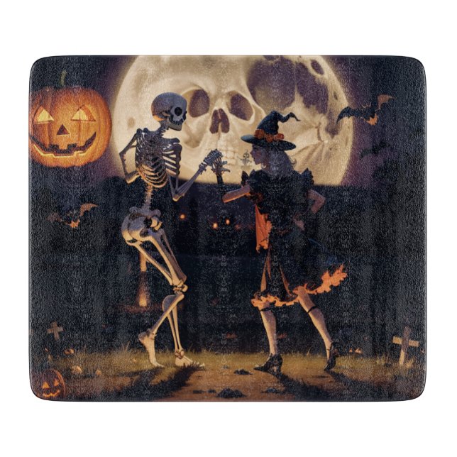 Dancing Skeleton Decorative Glass Cutting Board (Front)