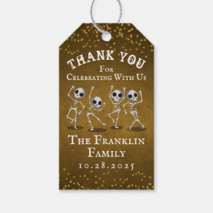 Dancing Skeleton Gold Glitter Halloween Thank You Gift Tags