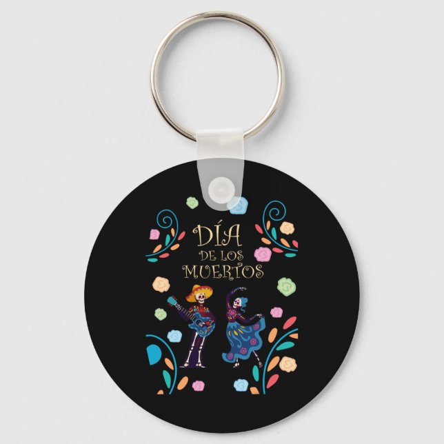 Dancing Skeleton Guitar Dia De Los Muertos Calaver Key Ring (Front)