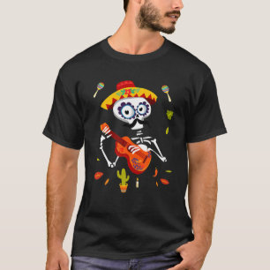 Dancing Skeleton Guitar Mexican Men Dia De Los Mue T-Shirt
