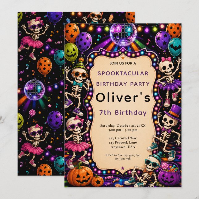 Dancing Skeleton Halloween Birthday Invitation (Front/Back)