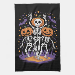Dancing Skeleton Halloween Pumpkin Tea Towel