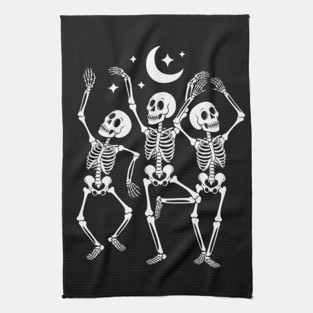 Dancing Skeleton Happy Halloween Fall Skull  Tea Towel (Vertical)