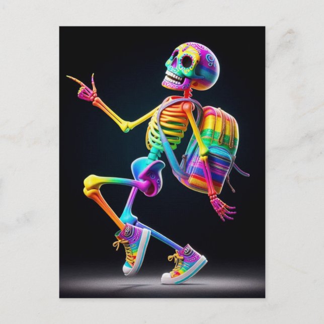 Dancing skeleton in rainbow colours postcard (Front)
