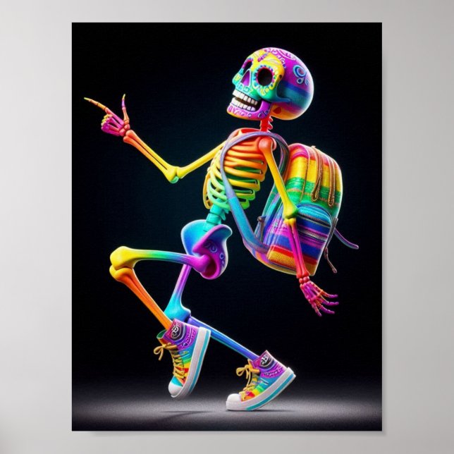 Dancing skeleton in rainbow colours poster (Front)