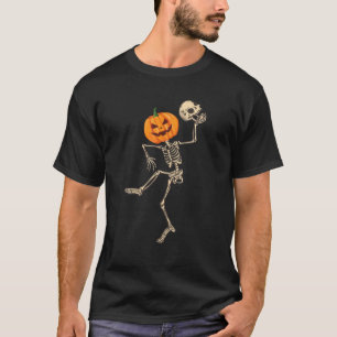 Dancing Skeleton Pumpkin Head Funny Halloween Cost T-Shirt