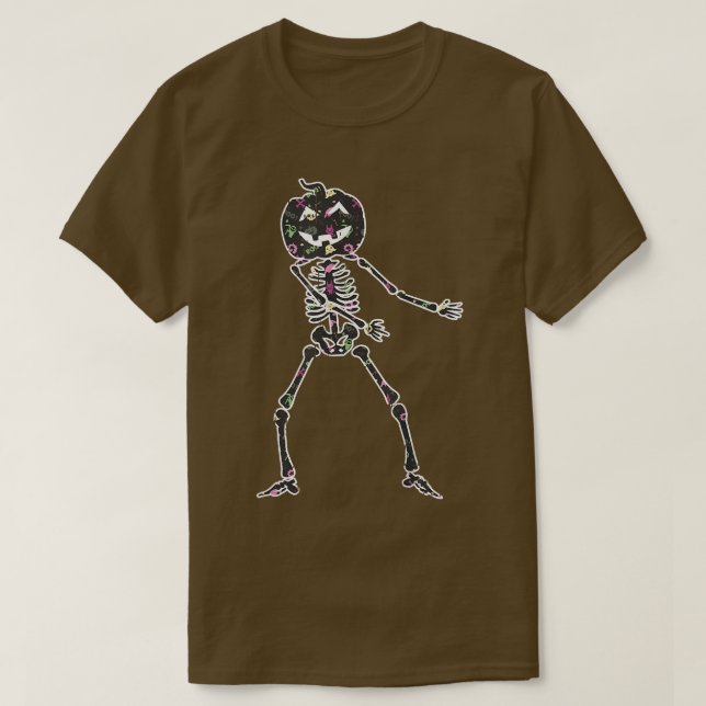 Dancing Skeleton Pumpkin Head Pattern Easy Hallowe T-Shirt (Design Front)
