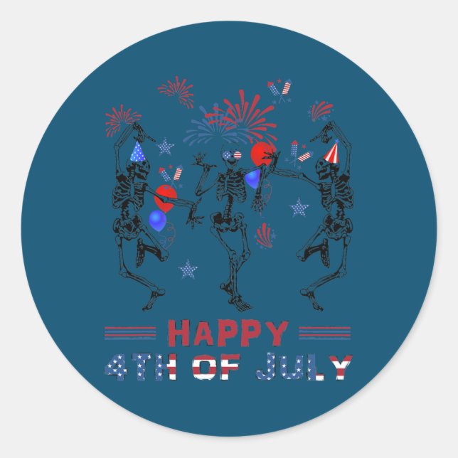 Dancing Skeletons Fireworks Happy 4th of July Classic Round Sticker (Front)