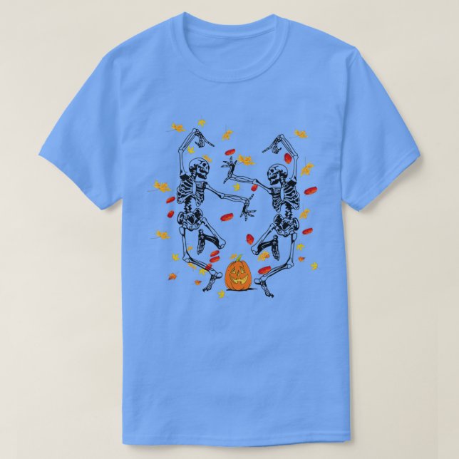 Dancing Skeletons in Fall Leaves Funny Cute Hallow T-Shirt (Design Front)