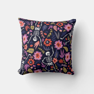 Dancing skeletons in the floral garden pattern cushion