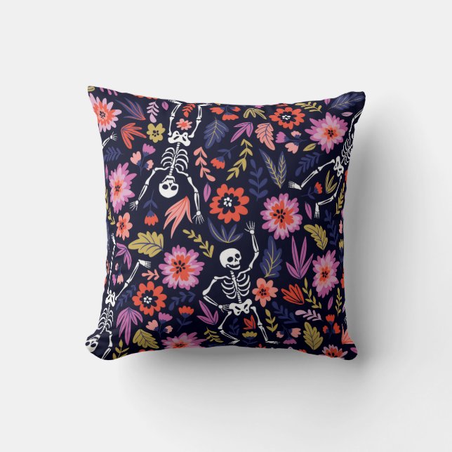 Dancing skeletons in the floral garden pattern cushion (Front)