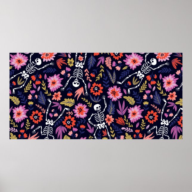 Dancing skeletons in the floral garden pattern poster (Front)