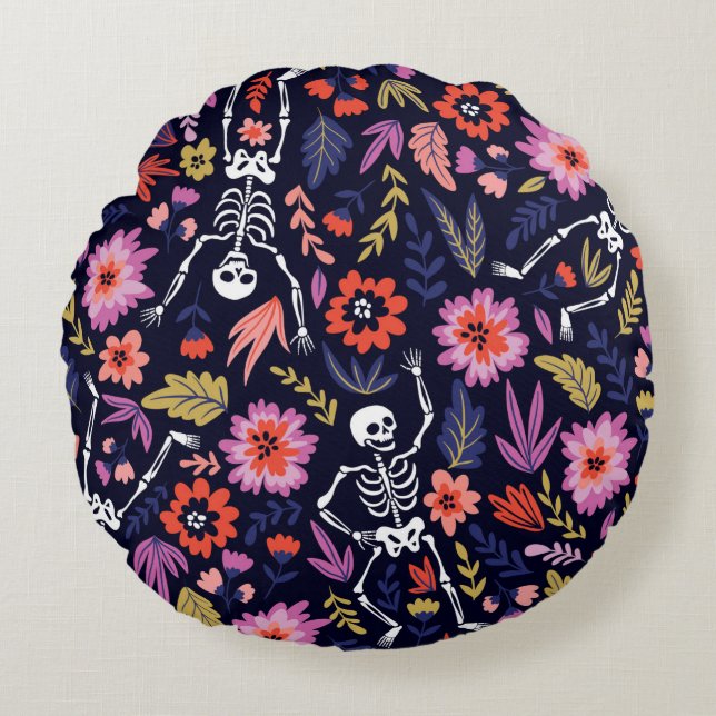 Dancing skeletons in the floral garden pattern round cushion (Front)