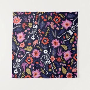 Dancing skeletons in the floral garden pattern tapestry