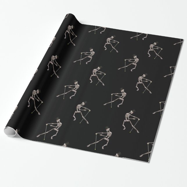 Dancing Skeletons on Black Wrapping Paper (Unrolled)