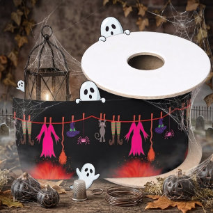 Dancing Skeletons On Fire Flames For Halloween Satin Ribbon